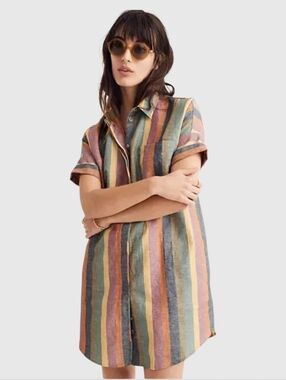 Madewell Courier Shirtdress Womens Small Multi Linen Blend Beachy Travel Rainbow